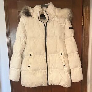Sam Edelman Cream Puffer Jacket with Removable Faux Fur Hood